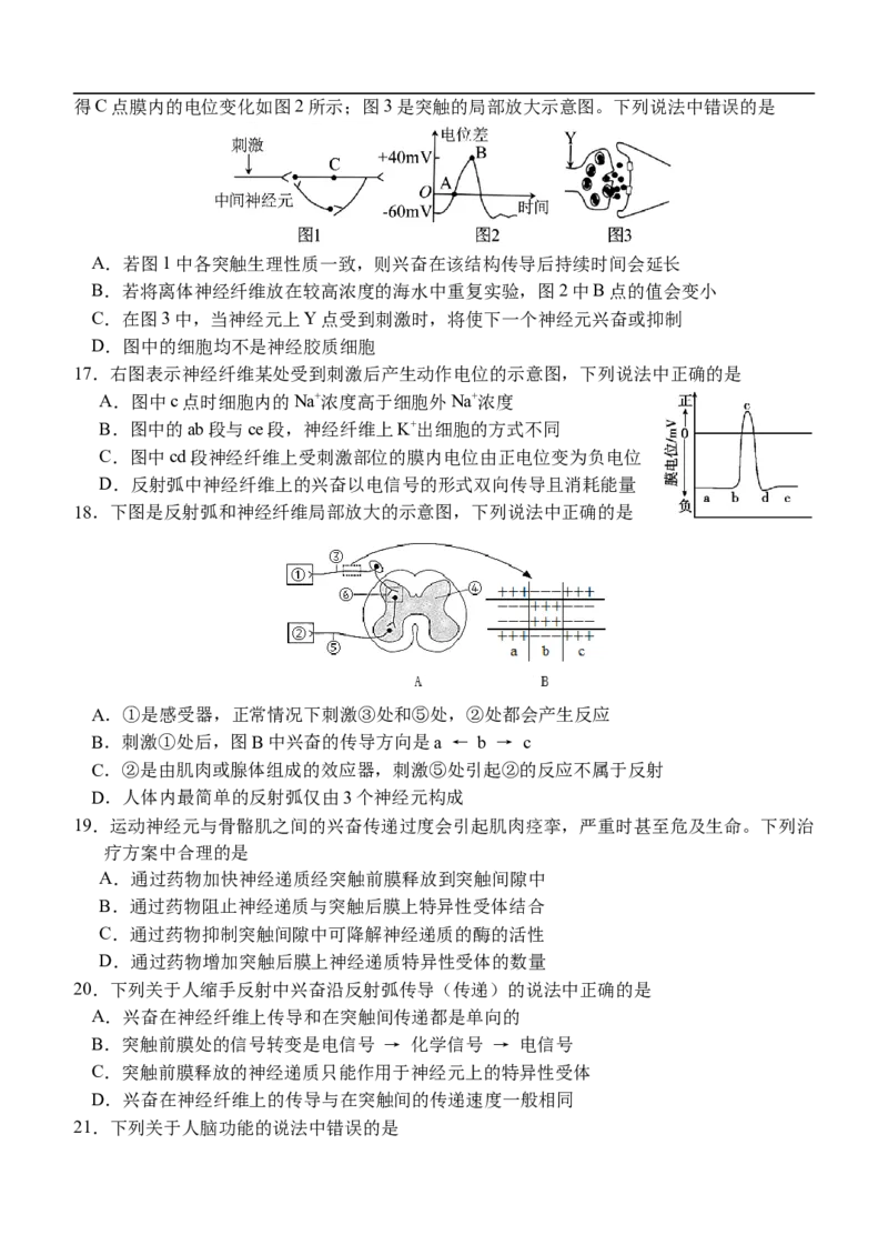 湖北省荆州市沙市中学2025-2026学年高二上学期11月期中生物试题（含答案）_251201湖北省荆州市沙市中学2025-2026学年高二上学期11月期中（全）