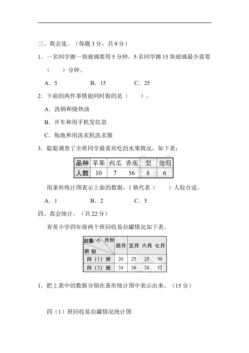 人教版四年级数学上册单元测试试卷-第7单元-条形统计图+答案-周测培优卷12_小学1-6年级全部试卷_数学_四年级_3-9-3、小学四年级数学上册_3-9-3-2、练习题、作业、试题、试卷_人教版