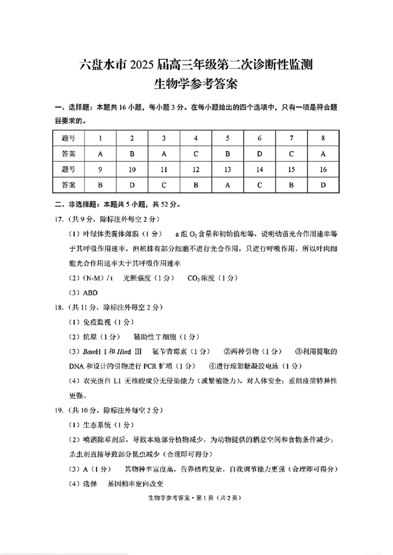 生物学参考答案(1)_2024-2025高三（6-6月题库）_2024年12月试卷_1203贵州省六盘水市2025届高三上学期第二次诊断性监测_贵州省六盘水市2025届高三上学期第二次诊断性监测生物