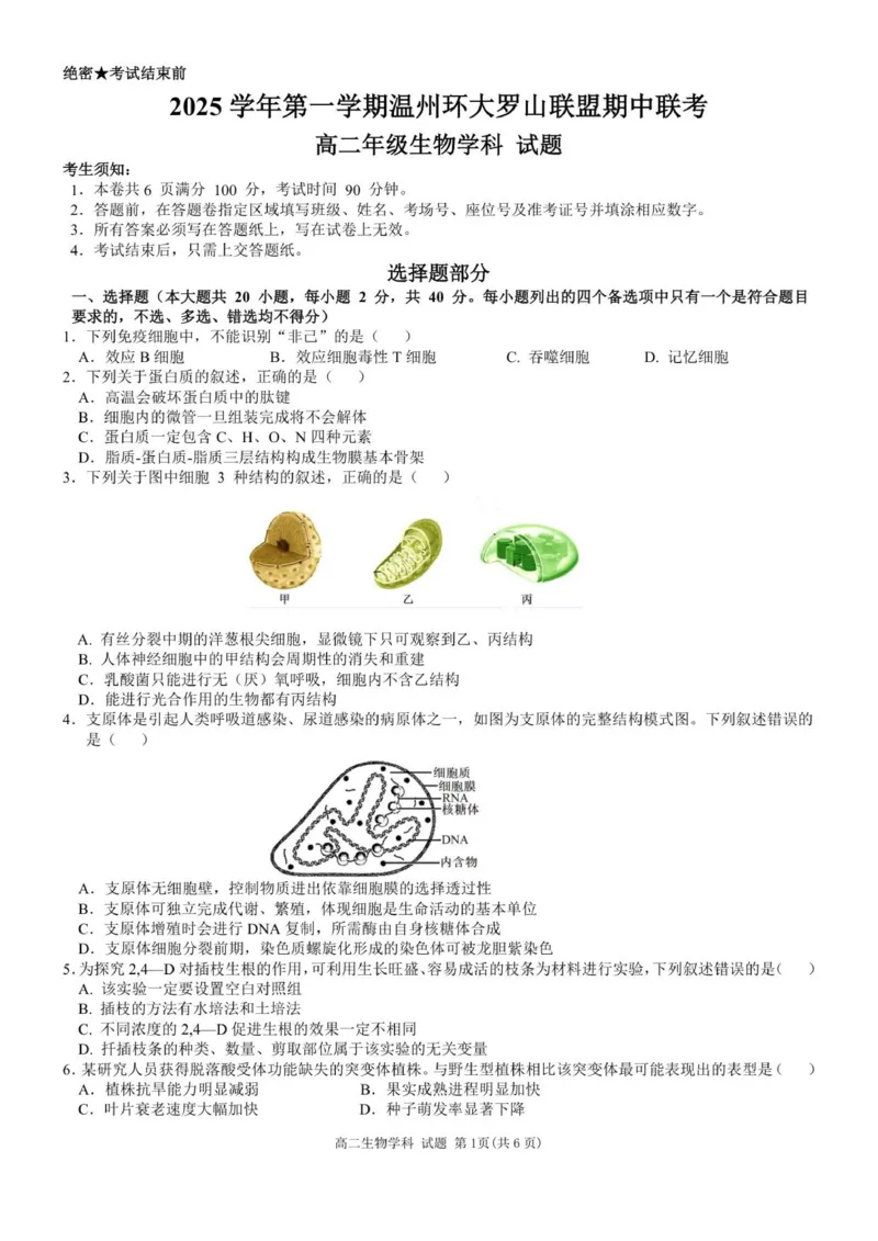 高二生物试题_251209浙江省环大罗山联盟2025-2026学年高二上学期11月期中（全）_浙江省环大罗山联盟2025-2026学年高二上学期11月期中生物试题（图片版，含答案）