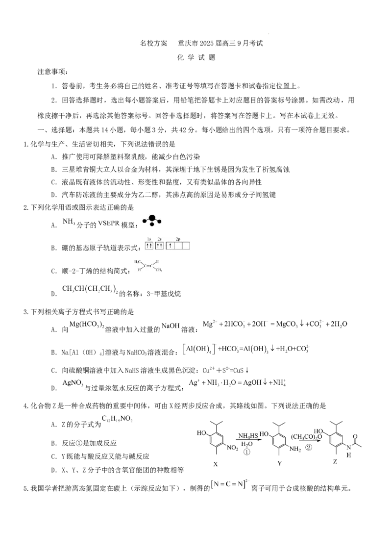 重庆市2024-2025学年高三上学期9月联考化学-试卷+答案_2024-2025高三（6-6月题库）_2024年09月试卷_0920名校方案重庆市2024-2025学年高三上学期9月联考