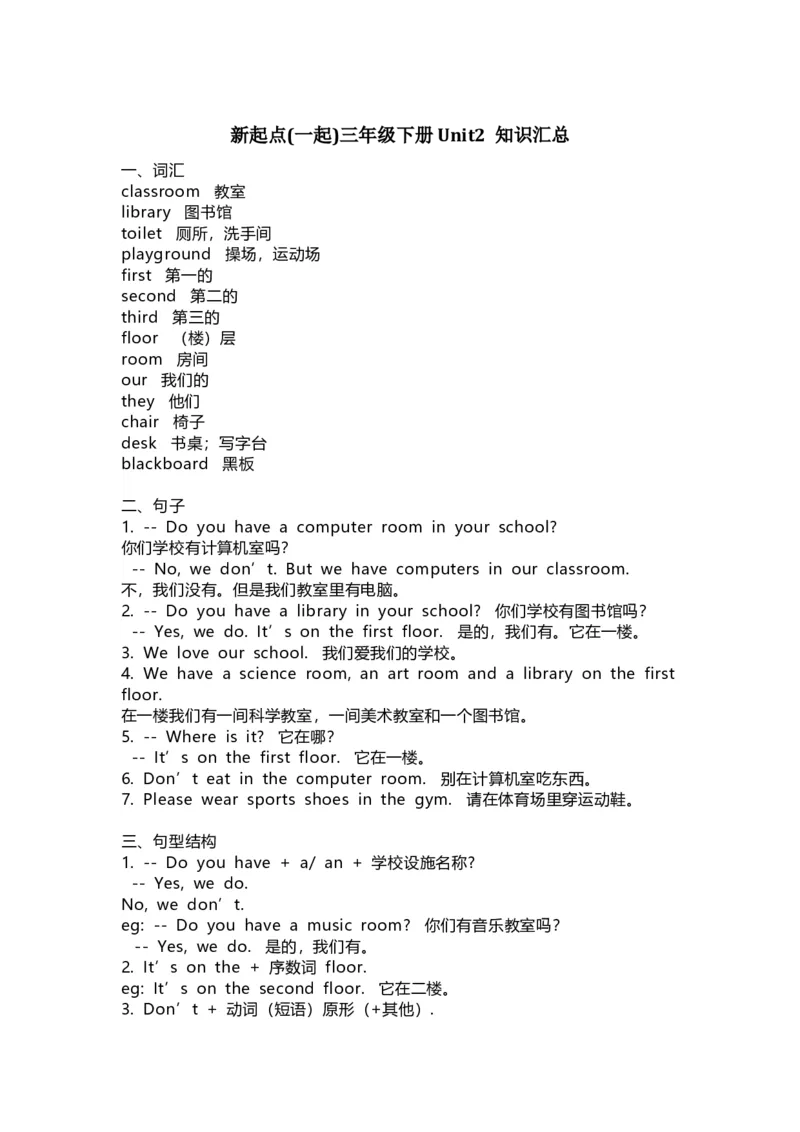 人教新起点英语三年级下册Unit2知识点汇总_小学1-6年级全部试卷_英语_三年级_3-8-6、小学三年级英语下册_3-8-6-1、复习、知识点、归纳汇总_人教版一起点