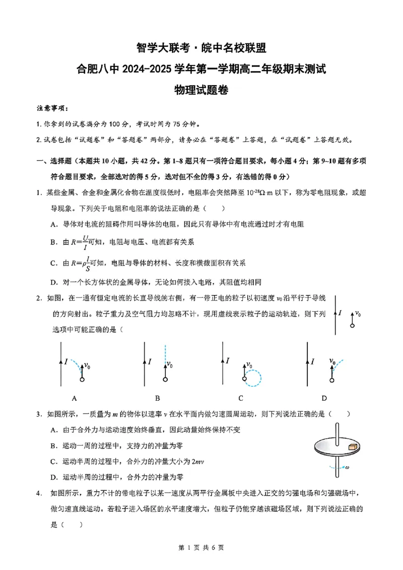 物理试题_2024-2025高二（7-7月题库）_2025年02月试卷_0205安徽省智学大联考&middot;皖中名校联盟合肥八中2024-2025学年高二上学期1月期末_安徽省智学大联考2024-2025学年高二上学期1月期末物理试题
