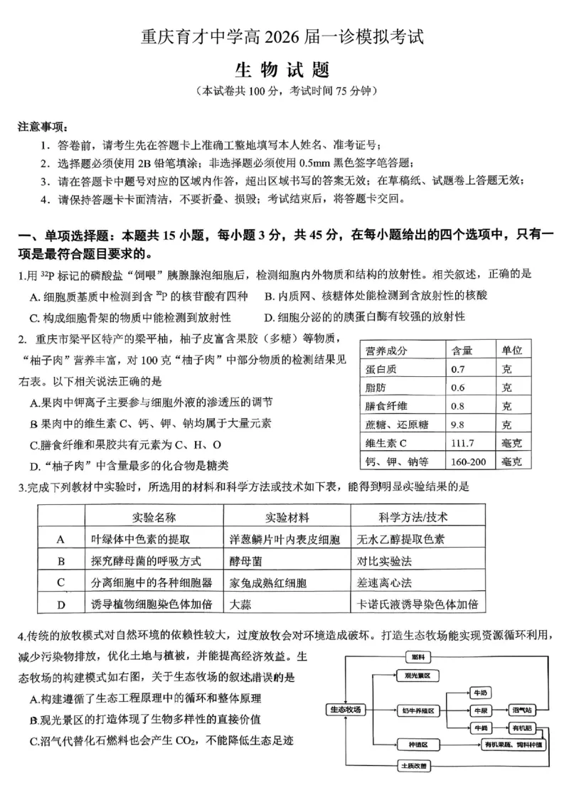 育才中学校高2026届一诊模拟考试生物_2024-2026高三（6-6月题库）_2026年01月高三试卷_0114重庆市育才中学校高2026届一诊模拟考试（全）