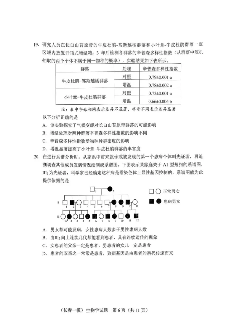 长春市2026届高三质量监测（一）生物_2024-2026高三（6-6月题库）_2026年01月高三试卷_0107吉林省长春市2026届高三质量监测（一）（长春一模）（全）