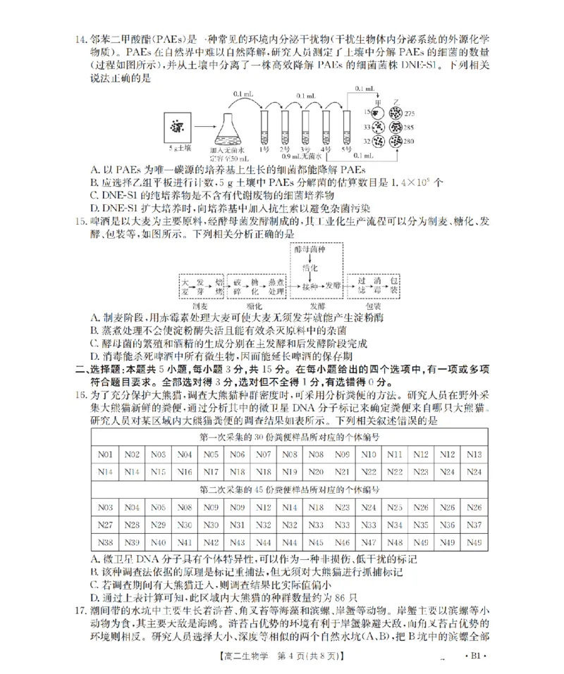 生物学_扫描版_2024-2025高二（7-7月题库）_2026年1月高二_260125山东省济宁市2025-2026学年高二上学期1月诊断性练习月考（全）