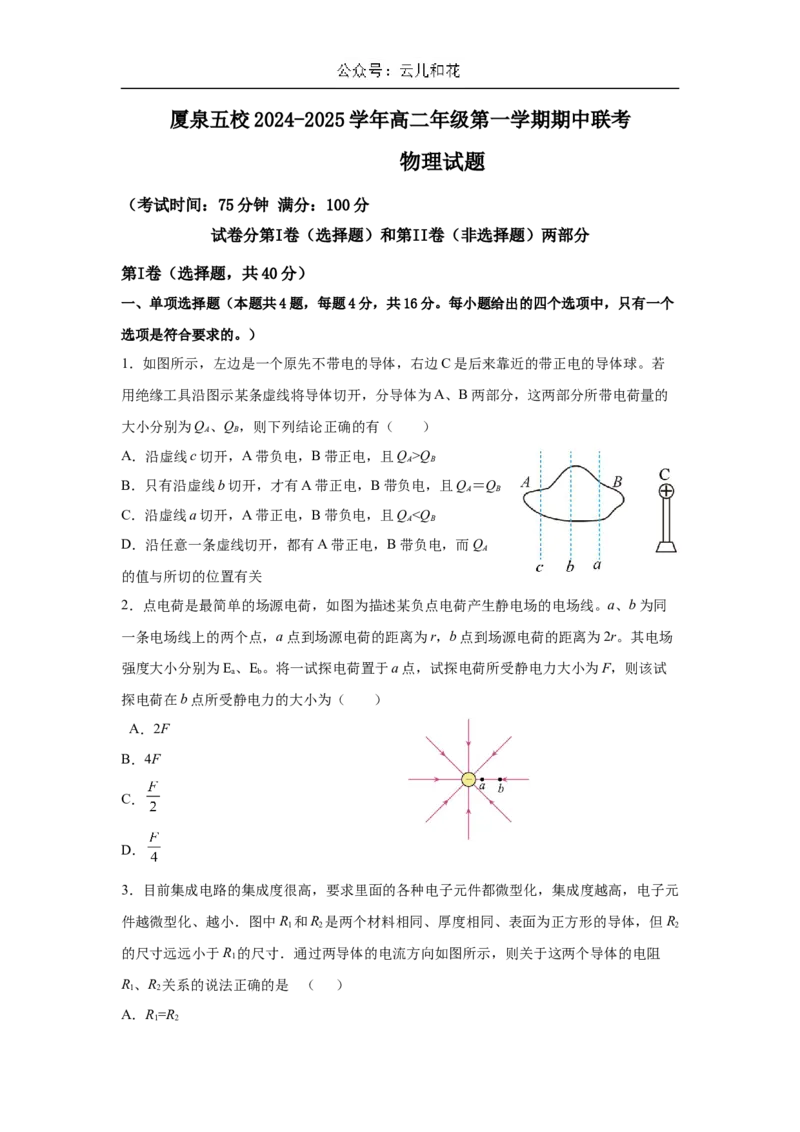 福建省厦门市、泉州市五校2024-2025学年高二上学期11月期中联考试题物理（含答案）_2024年11月试卷_1126福建省厦门市、泉州市五校2024-2025学年高二上学期11月期中联考试题