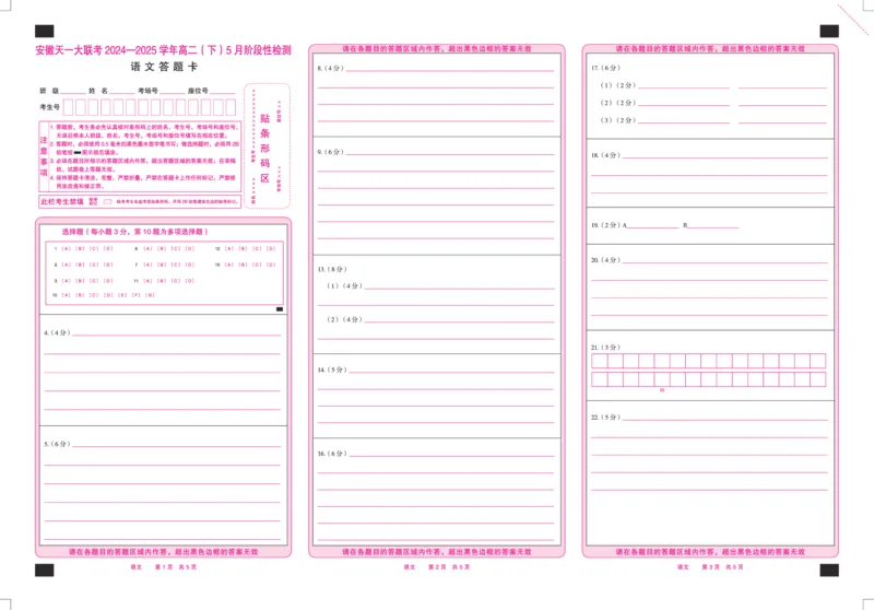 语文安徽高二下5月检测答题卡双色_2024-2025高二（7-7月题库）_2025年6月试卷_0606安徽省天一大联考2024-2025学年高二下学期5月阶段性检测