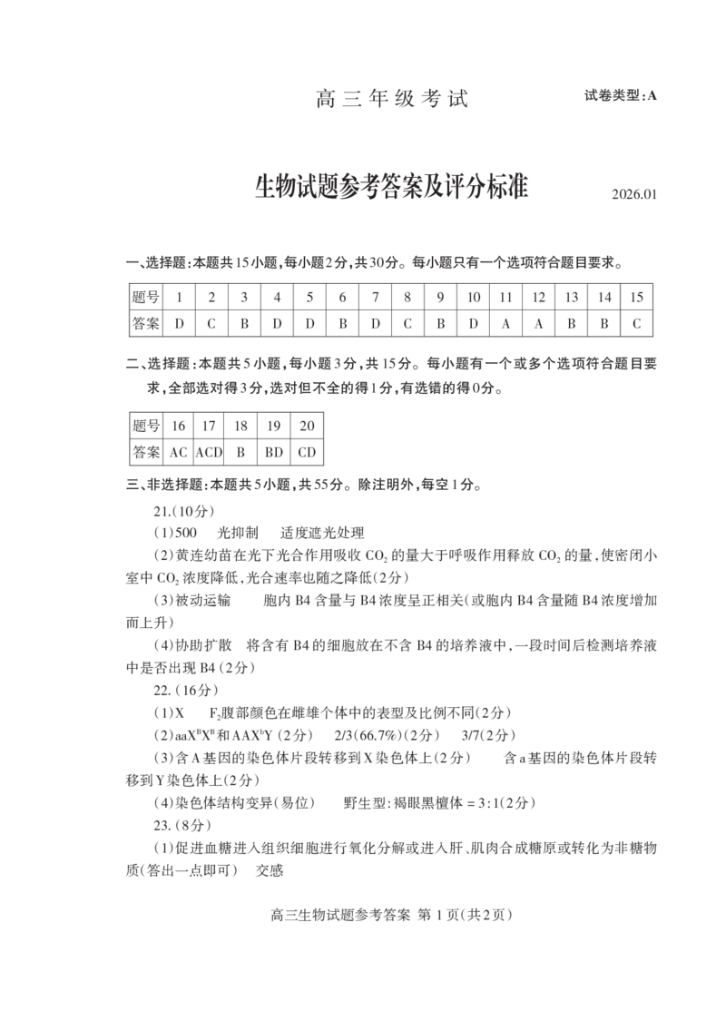泰安市2026届高三上学期1月期末考试生物+答案_2024-2026高三（6-6月题库）_2026年01月高三试卷_0107山东省泰安市2026届高三上学期1月期末考试（全）