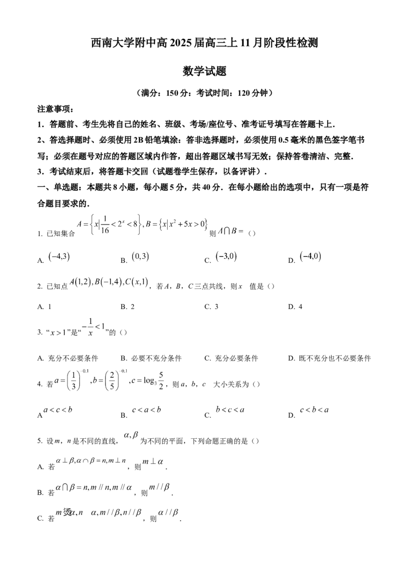 重庆市西南大学附属中学校2025届高三上学期11月阶段性检测数学试题Word版无答案_2024-2025高三（6-6月题库）_2024年11月试卷