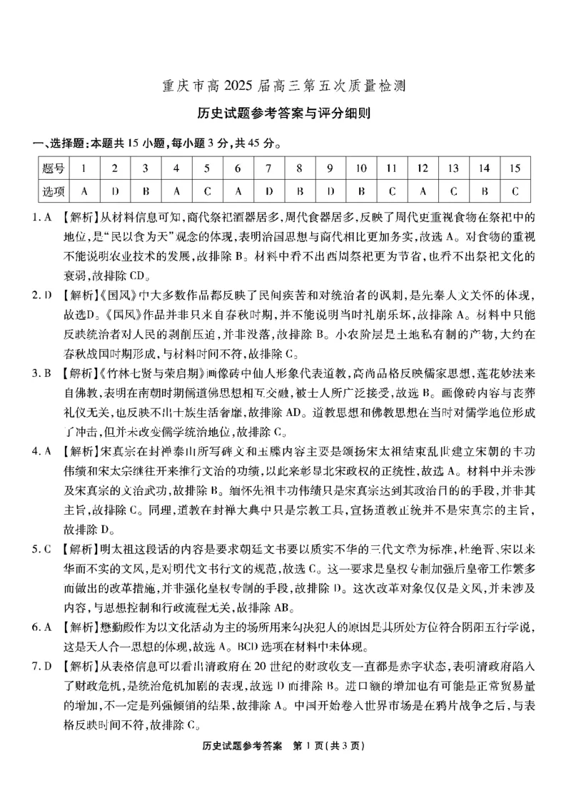重庆市南开中学高2025届高三第五次质量检测历史答案_2024-2025高三（6-6月题库）_2025年01月试卷_0107重庆市南开中学高2025届高三第五次质量检测（全科）