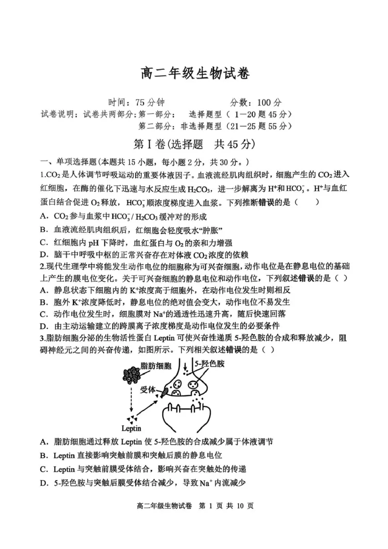 高二年级生物试卷_2024-2025高二（7-7月题库）_2026年1月高二_260123辽宁省沈阳市五校协作体2025-2026学年高二上学期1月期末考试（全）