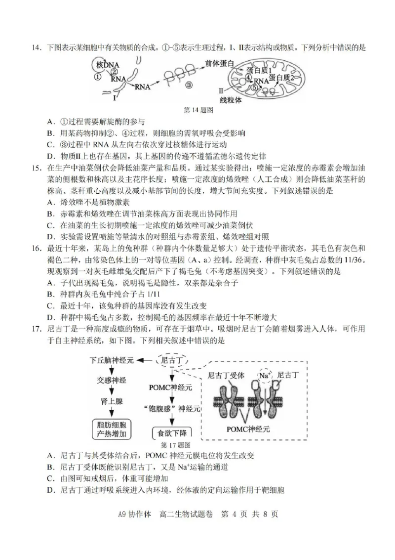 浙江省A9协作体2025-2026学年高二上学期11月期中生物试题含答案_2025年11月高二试卷_251116浙江省A9协作体2025-2026学年高二上学期期中联考（全）