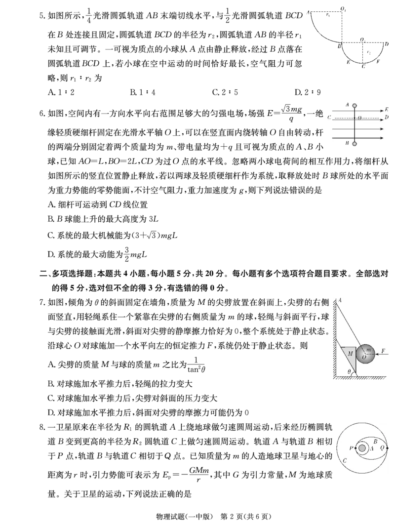 物理试卷（25一中2）_2024-2025高三（6-6月题库）_2024年10月试卷_1024湖南省长沙市第一中学2024-2025学年高三上学期月考卷（二）
