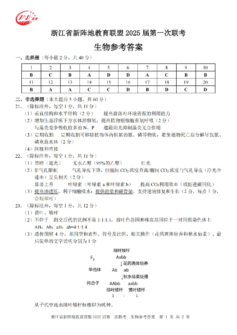 26届新阵地教育联盟国庆返校考生物答案_2024-2026高三（6-6月题库）_2025年10月高三试卷_251011浙江省新阵地教育联盟2026届第一次联考（全科）