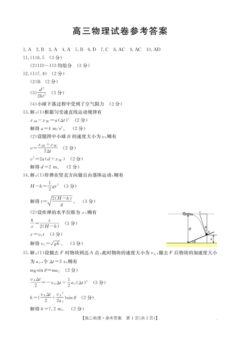 物理答案_2024-2025高三（6-6月题库）_2024年11月试卷_1125青海省名校联盟金太阳2024-2025学年高三上学期11月联考_青海省金太阳2024-2025学年高三上学期期中联考物理