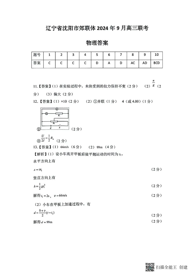 辽宁省沈阳市郊联体2024-2025学年高三上学期9月开学联考试题物理PDF版含解析_2024-2025高三（6-6月题库）_2024年09月试卷_0910辽宁省沈阳市郊联体2024-2025学年高三上学期9月开学联考
