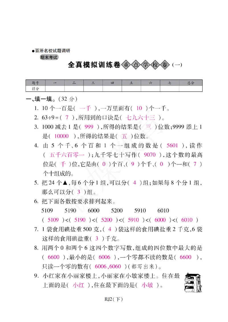 二年级下册数学-人教版-期末考试重点学校卷（一）（含答案）_小学1-6年级全部试卷_数学_二年级_3-7-4、小学二年级数学下册_3-7-4-2、练习题、作业、试题、试卷_人教版_期末测试卷