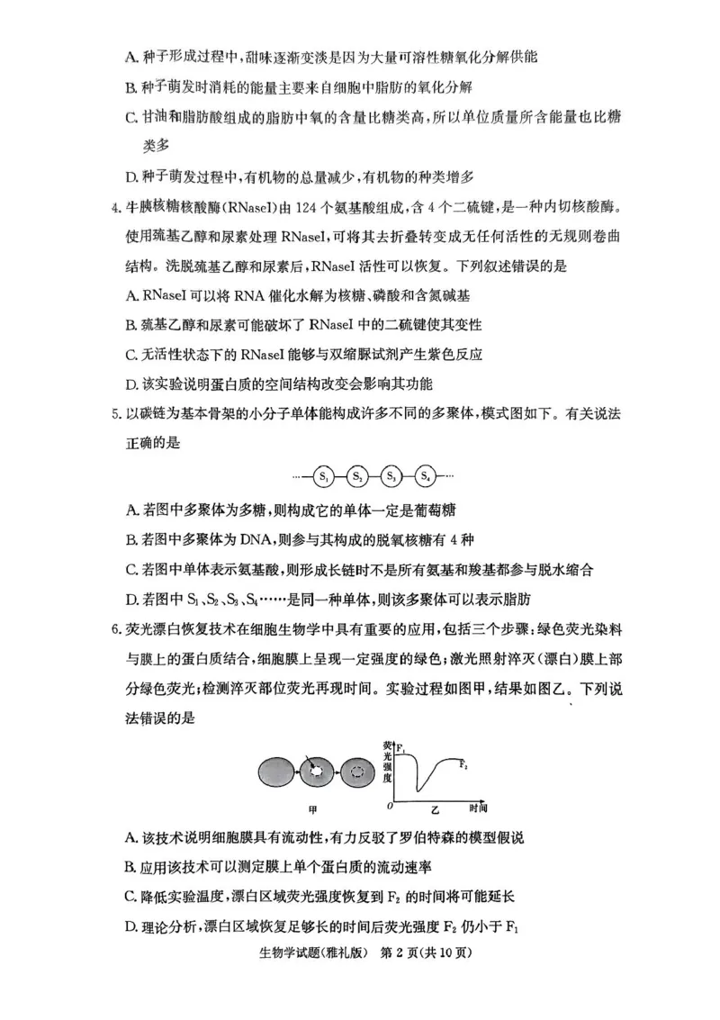 湖南省长沙市雅礼中学2024-2025学年高三上学期月考卷（一）生物试卷+答案_2024-2025高三（6-6月题库）_2024年09月试卷_0908湖南省长沙市雅礼中学2025届高三月考试卷（一）