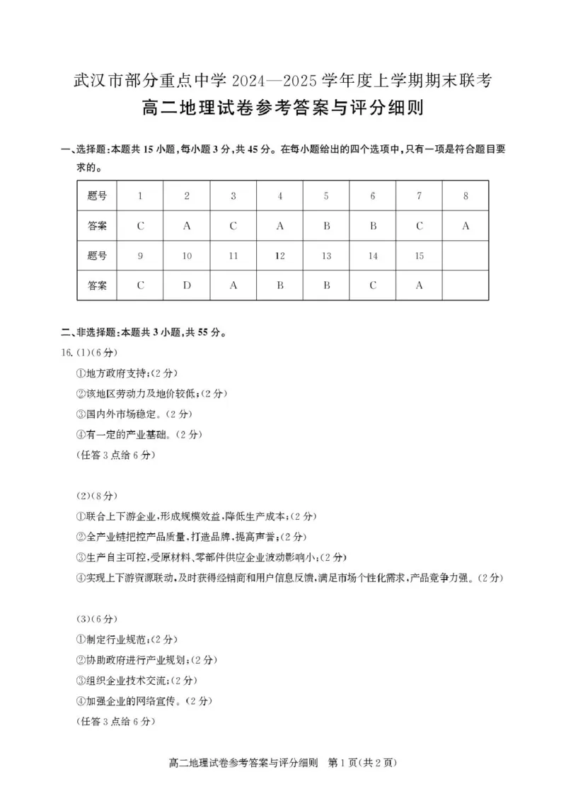 高二期末联考-地理答案_2024-2025高二（7-7月题库）_2025年02月试卷_0221湖北省部分重点中学2024-2025学年高二上学期期末联考