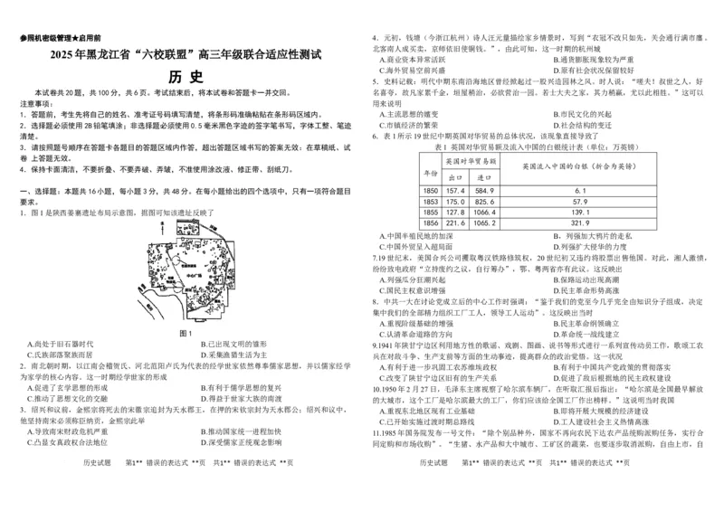黑龙江省&ldquo;六校联盟&rdquo;2025届高三上学期联合适应性考试历史+答案_2024-2025高三（6-6月题库）_2025年02月试卷_0202黑龙江省&ldquo;六校联盟&rdquo;2025届高三上学期联合适应性考试（全科）