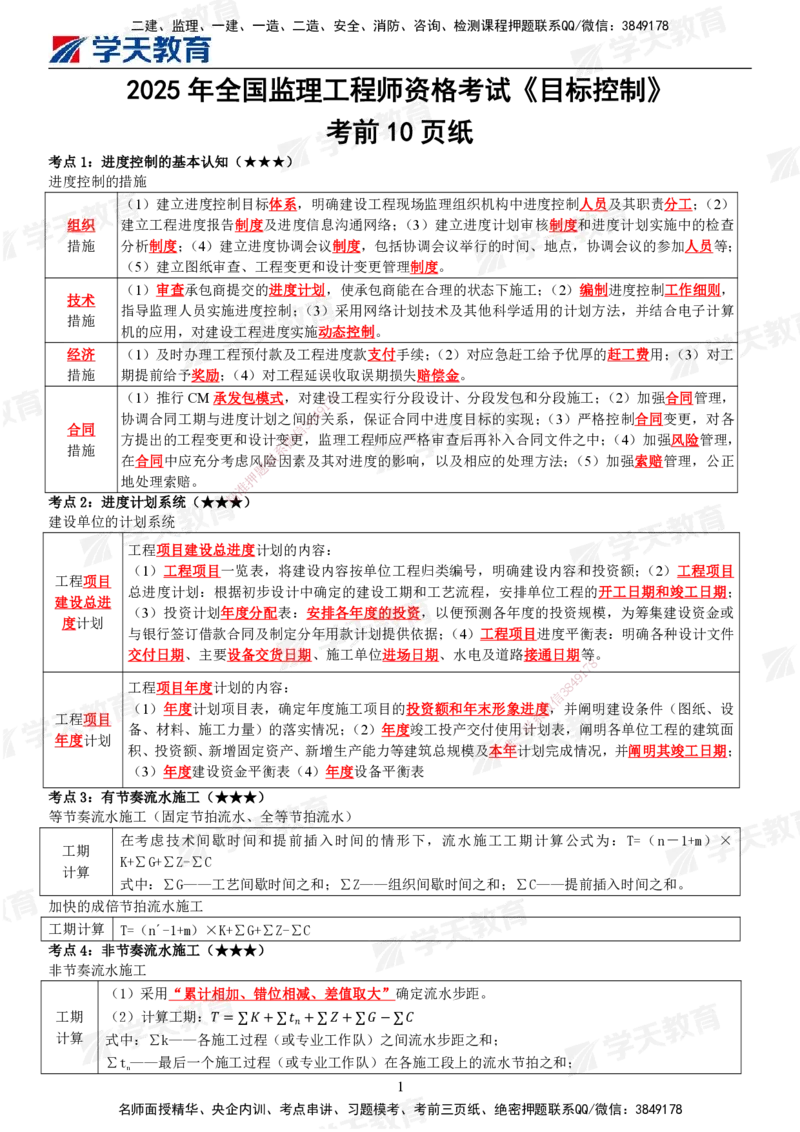 XT-土建控制-考前十页纸_监理工程师_2025监理工程师_2025年监理工程师SVIP_2025年监理土建控制SVIP_05-考前密训✿央企特训✿机构普押_13-控制《考前十页纸》XT