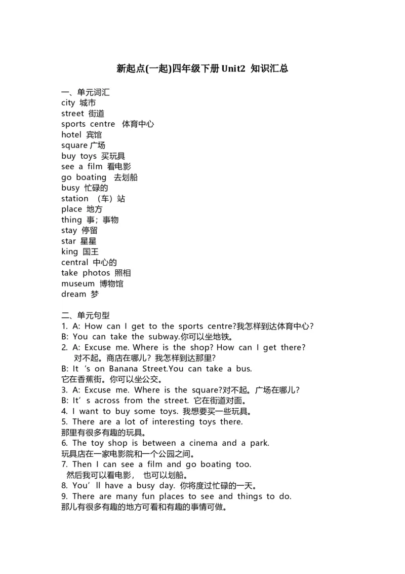 人教新起点英语四年级下册Unit2知识点汇总_小学1-6年级全部试卷_英语_四年级_3-9-6、小学四年级英语下册_3-9-6-1、复习、知识点、归纳汇总_人教版一起点