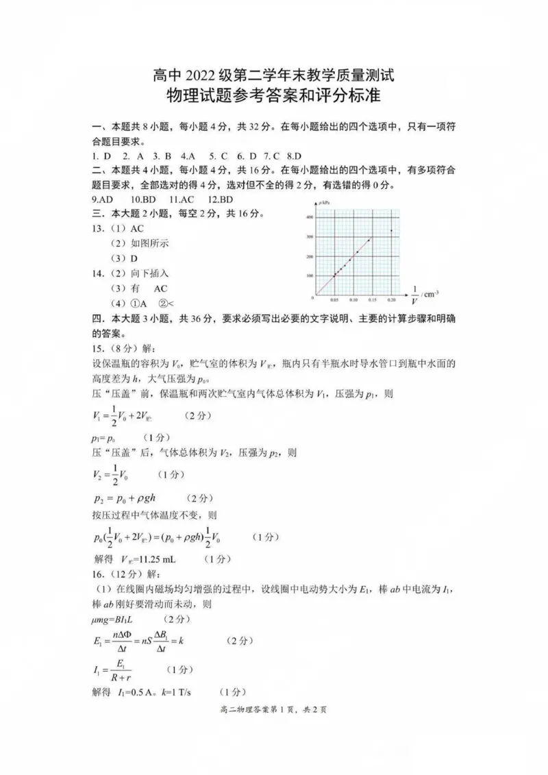 答案_2024-2025高二（7-7月题库）_2024年07月试卷_0712四川省绵阳市2023-2024学年高二下学期期末考试_四川省绵阳市2023-2024学年高二下学期期末考试物理试题