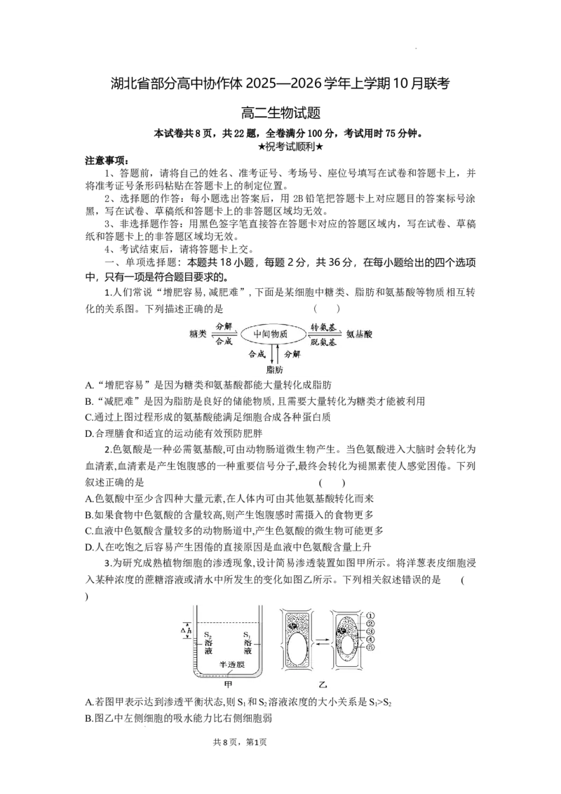 高二生物试题考试版_2025年10月高二试卷_251029湖北省部分高中协作体2025-2026学年高二上学期10月月考_湖北省部分高中协作体2025-2026学年高二上学期10月月考生物试题含答案