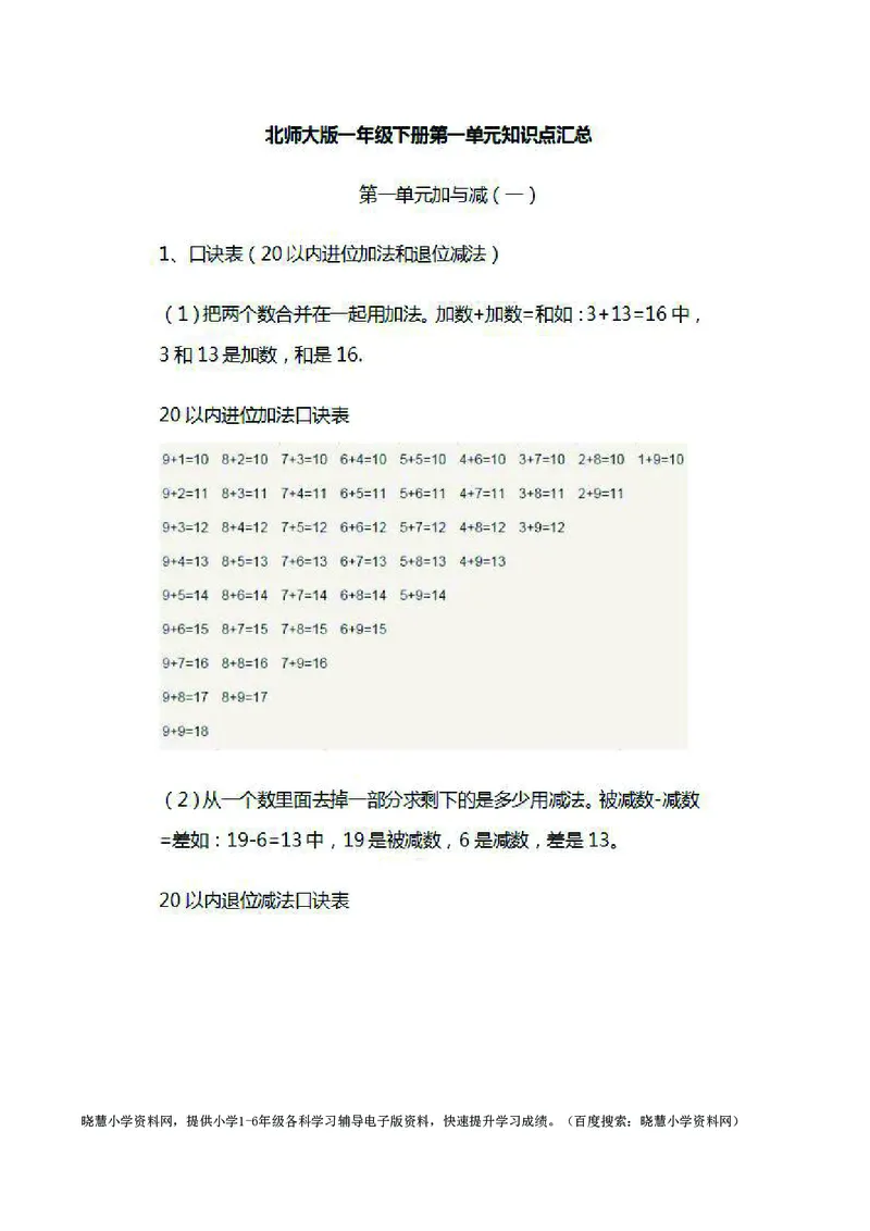 一年级下册数学北师大版知识要点汇总_小学1-6年级全部试卷_数学_一年级_3-6-4、小学一年级数学下册_3-6-4-1、复习、知识点、归纳汇总_北师大版