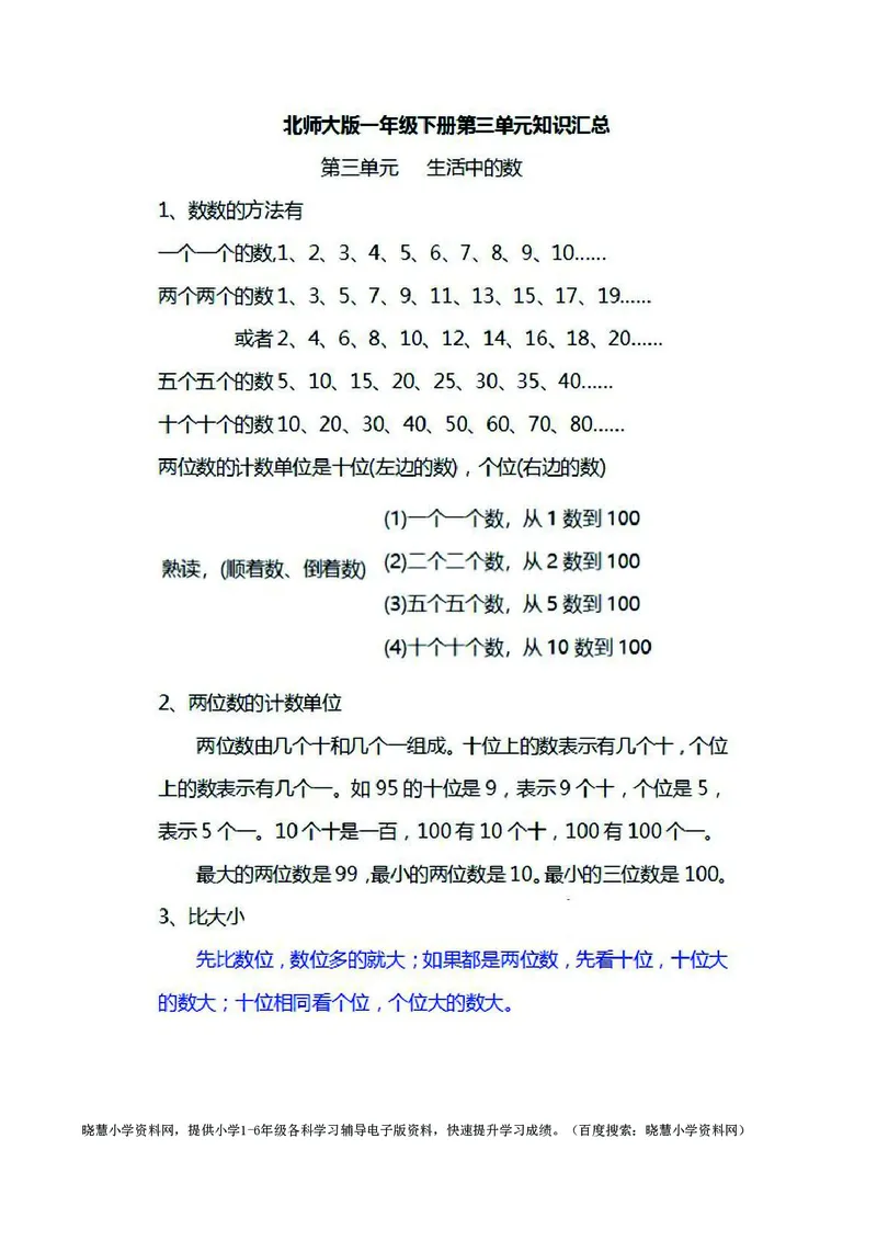 一年级下册数学北师大版知识要点汇总_小学1-6年级全部试卷_数学_一年级_3-6-4、小学一年级数学下册_3-6-4-1、复习、知识点、归纳汇总_北师大版