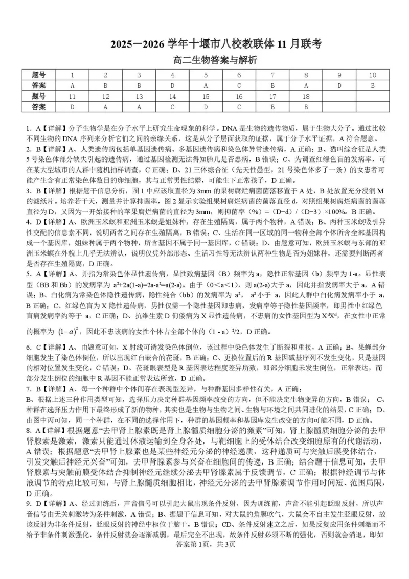 湖北省十堰市八校教联体学校2025-2026学年高二上学期11月月考生物试题含答案_2025年11月高二试卷_251109湖北省十堰市八校教联体学校2025-2026学年高二上学期11月月考（全）