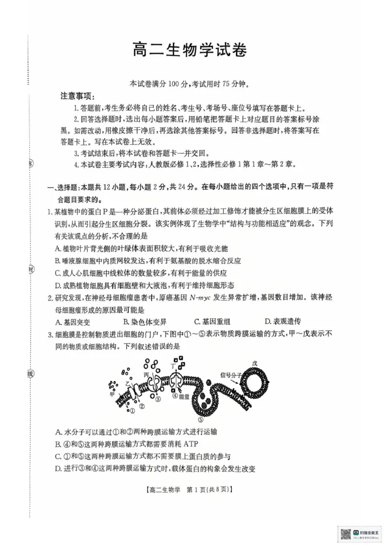 湖南省多校联考2025&mdash;2026学年高二上学期10月月考生物试卷及答案高二生物学试卷_2025年10月高二试卷_251021湖南省多校联考2025&mdash;2026学年高二上学期10月月考