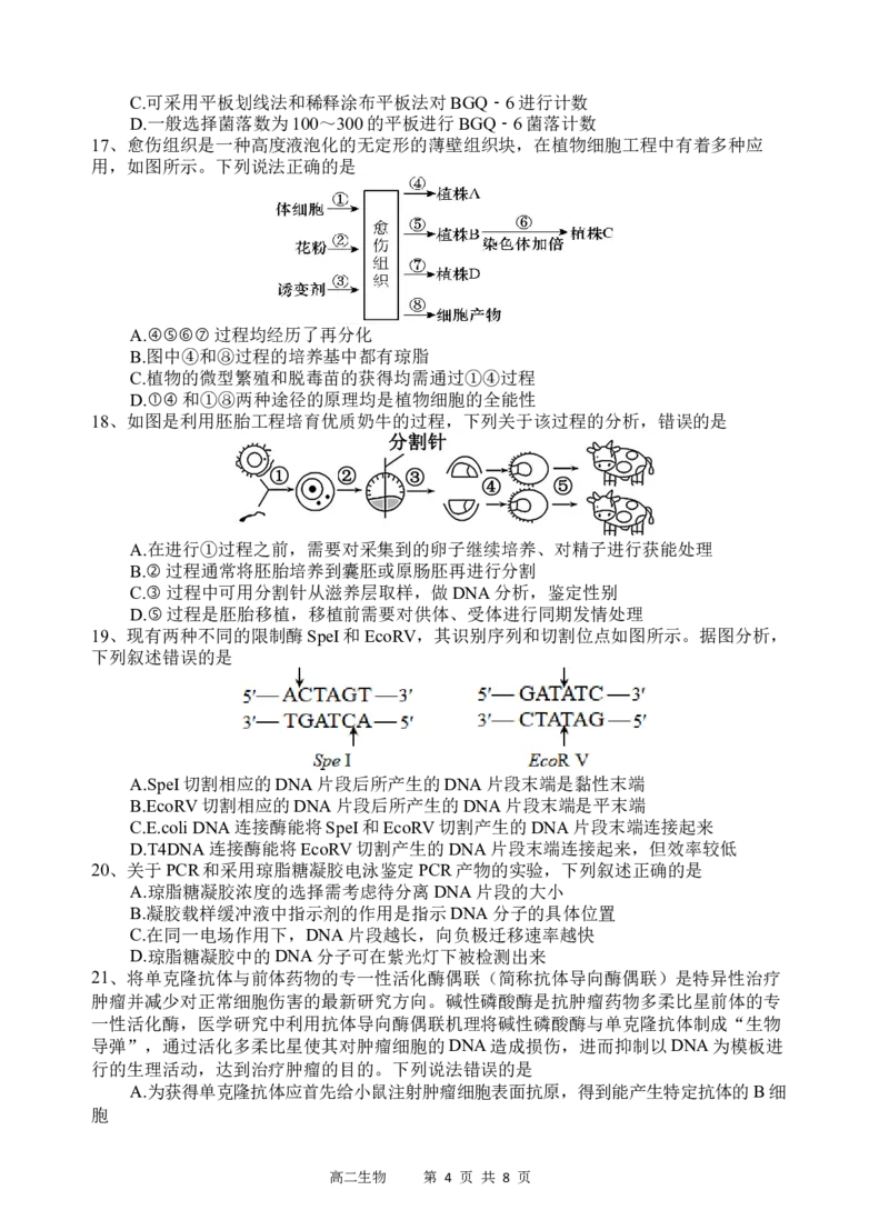 生物试题_2024-2025高二（7-7月题库）_2024年07月试卷_0702四川省遂宁市射洪中学2023-2024学年高二下学期期末模拟