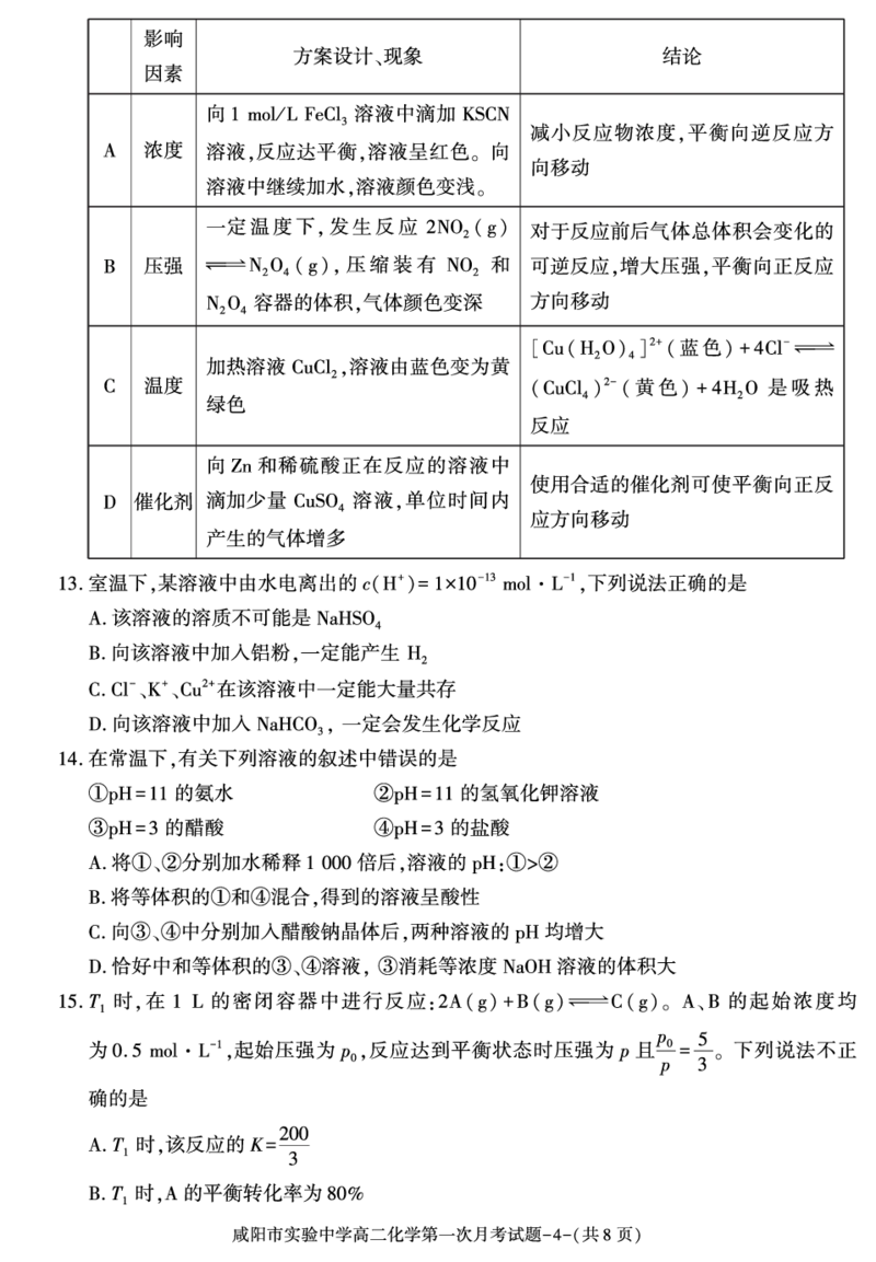陕西省咸阳市实验中学2024-2025学年高二上学期第一次月考化学试题_2024-2025高二（7-7月题库）_2024年10月试卷_1012陕西省咸阳市实验中学2024-2025学年高二上学期10月月考