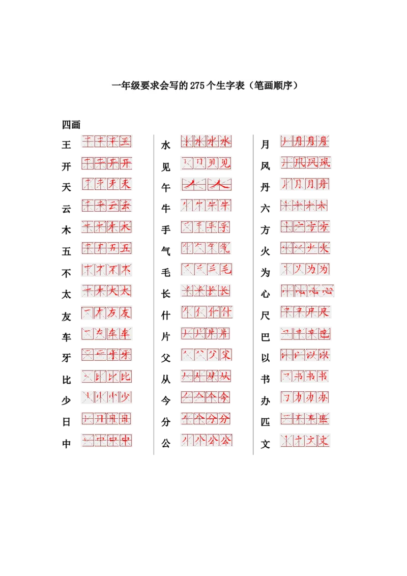 一年级上册语文-要求会写的275个生字表(笔画顺序)_小学1-6年级全部试卷_语文_一年级_3-6-1、小学一年级语文上册_3-6-1-1、复习、知识点、归纳汇总_通用