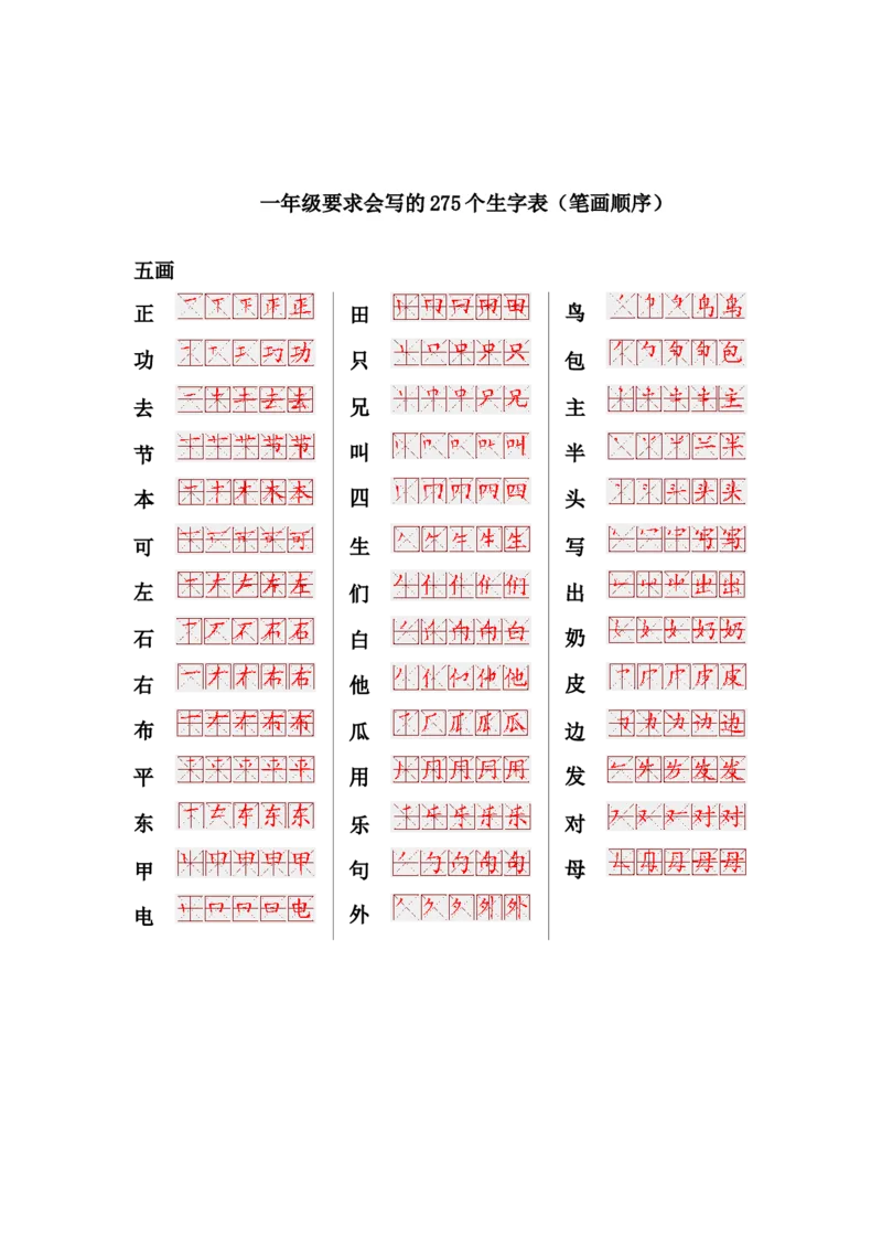 一年级上册语文-要求会写的275个生字表(笔画顺序)_小学1-6年级全部试卷_语文_一年级_3-6-1、小学一年级语文上册_3-6-1-1、复习、知识点、归纳汇总_通用