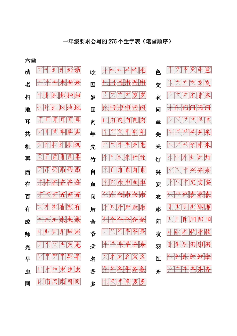 一年级上册语文-要求会写的275个生字表(笔画顺序)_小学1-6年级全部试卷_语文_一年级_3-6-1、小学一年级语文上册_3-6-1-1、复习、知识点、归纳汇总_通用