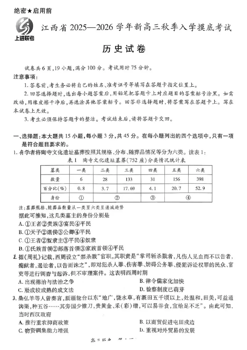 上进联考2025-2026学年新高三秋季入学摸底考试历史_2024-2026高三（6-6月题库）_2025年08月试卷_250829江西省上进联考2025-2026学年新高三秋季入学摸底考试