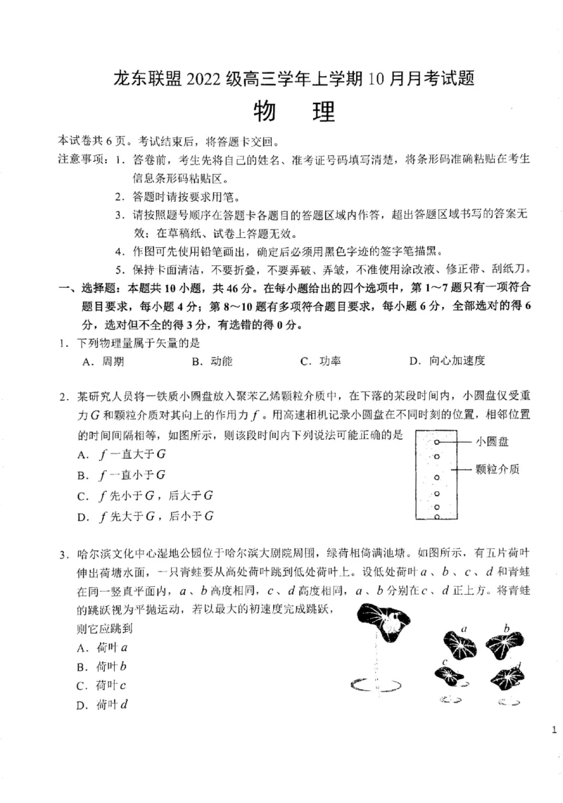 黑龙江省龙东联盟2024-2025学年高三上学期10月月考物理试题_2024-2025高三（6-6月题库）_2024年10月试卷_1011黑龙江省龙东联盟2024-2025学年高三上学期10月月考