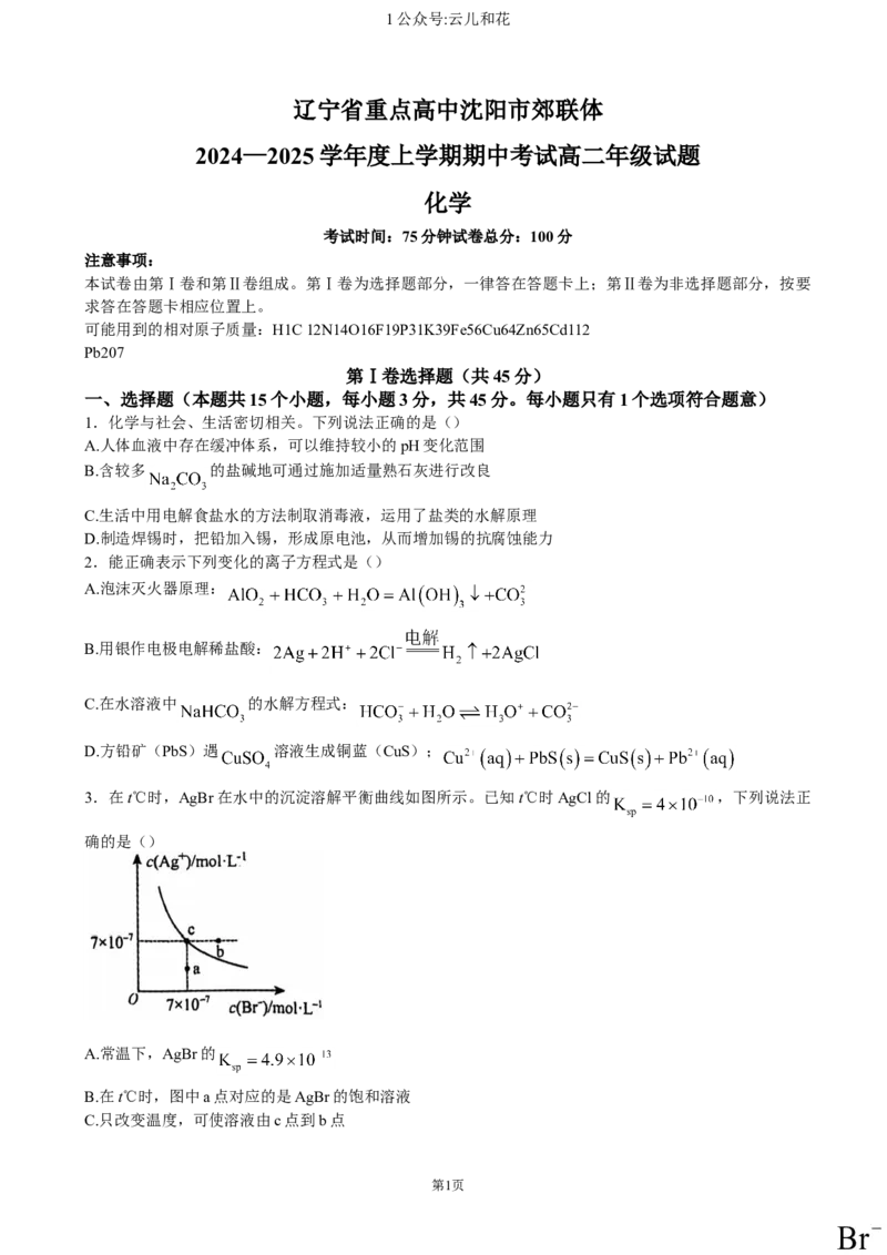 辽宁省重点高中沈阳市郊联体2024-2025学年高二上学期11月期中考试化学（含答案）_2024-2025高二（7-7月题库）_2024年11月试卷
