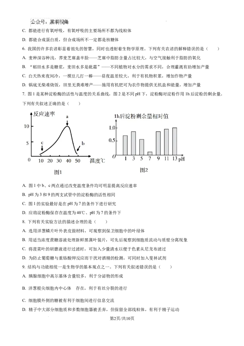 辽宁省大连市滨城高中联盟2024-2025学年高三上学期期中考试生物_2024-2025高三（6-6月题库）_2024年10月试卷_1023辽宁省大连市滨城高中联盟2024-2025学年高三上学期期中考试