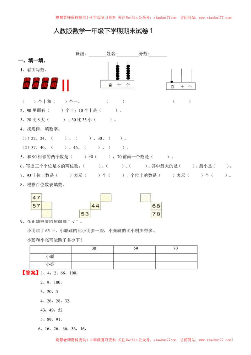 人教新课标数学一年级下学期期末测试卷1_小学1-6年级全部试卷_数学_一年级_3-6-4、小学一年级数学下册_3-6-4-2、练习题、作业、试题、试卷_人教版_期末测试卷