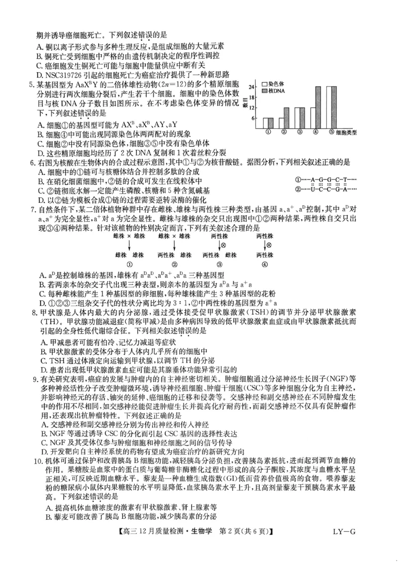 生物_2024-2025高三（6-6月题库）_2024年12月试卷_1225九师联盟2025届高三12月质量检测（全科）_九师联盟2025届高三12月质量检测生物（LY-G）
