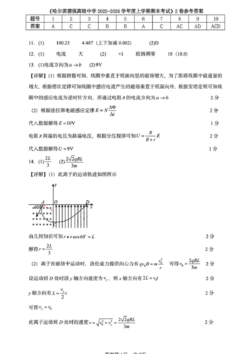 黑龙江省哈尔滨市德强高级中学2025-2026学年高二上学期期末考试物理试题（Ⅱ卷）(扫描版，含答案）_2024-2025高二（7-7月题库）_2026年1月高二