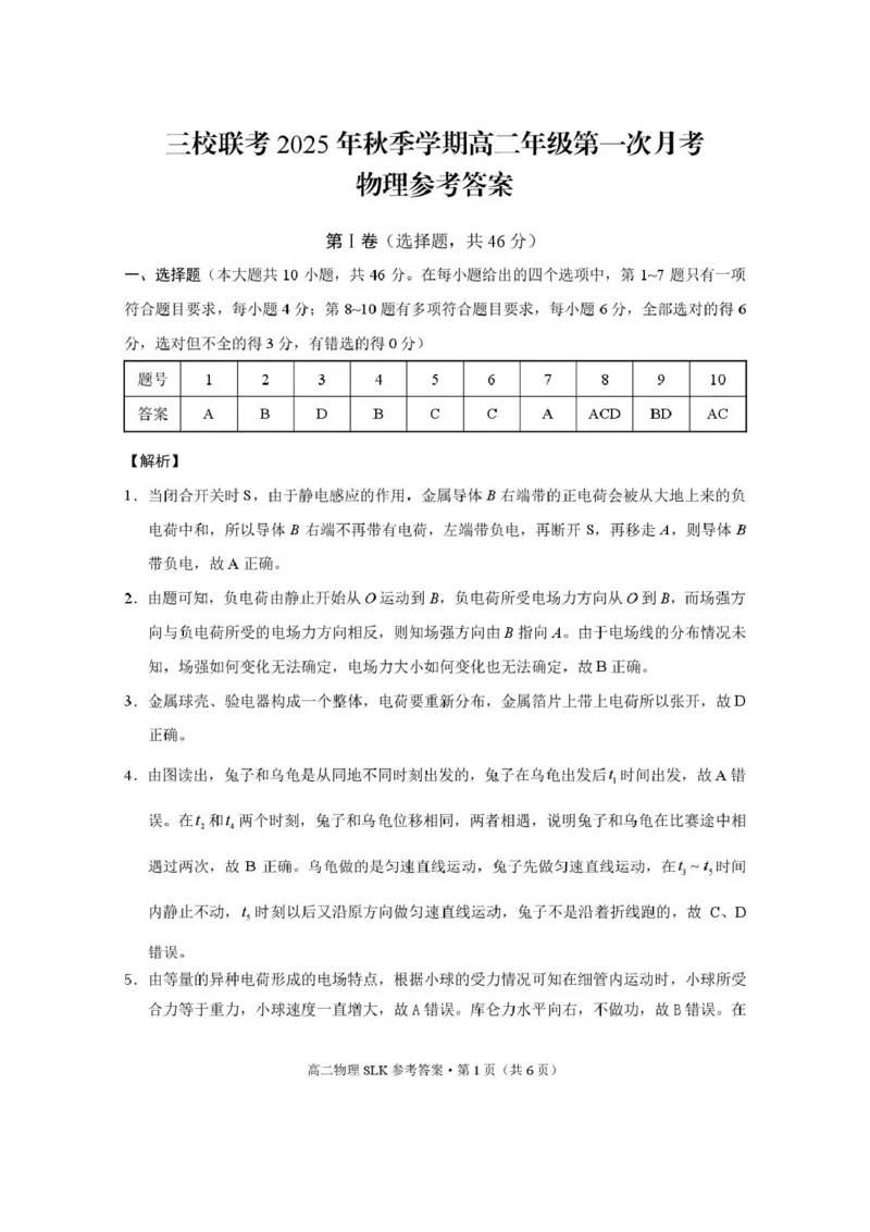 昭通市镇雄县2025年秋季学期高二年级三校联考第一次月考物理-试卷和答案三校联考2025年秋季学期高二年级第一次月考物理-答案_2025年10月高二试卷