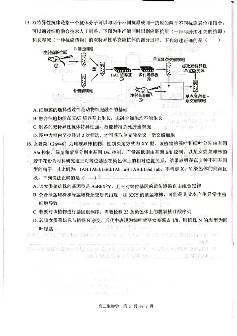 生物试卷_2024-2025高三（6-6月题库）_2024年12月试卷_1217广西名校2025届高中毕业班12月模拟考试