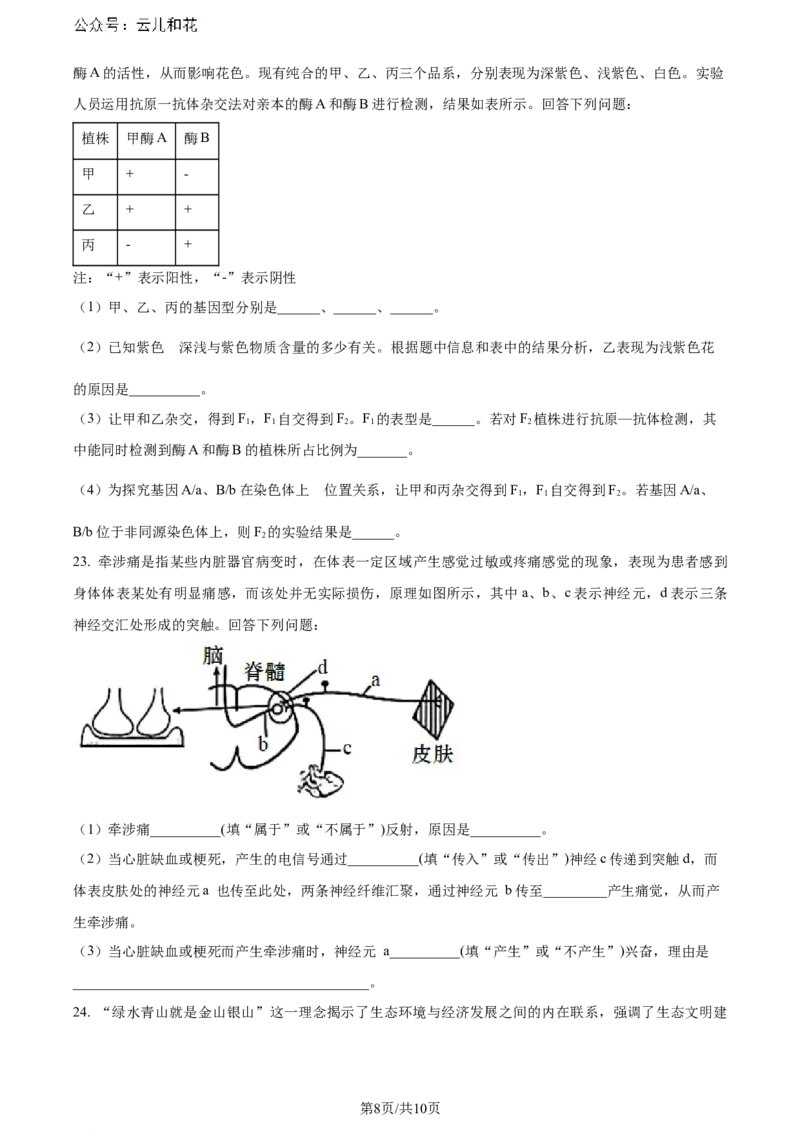 精品解析：陕西省汉中市2023-2024学年高二下学期期末考试生物试题（原卷版）_2024-2025高二（7-7月题库）_2024年07月试卷_0721陕西省汉中市2023-2024学年高二下学期7月期末考试(金太阳587B)