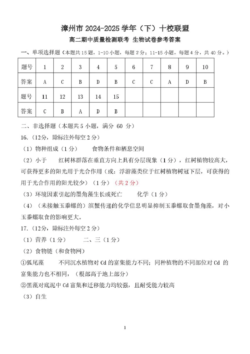 福建省漳州市十校联盟2024-2025学年高二下学期期中质量检测生物试卷(扫描版有答案)_2024-2025高二（7-7月题库）_2025年05月试卷_0527福建省漳州市十校联盟2024-2025学年高二下学期期中考试