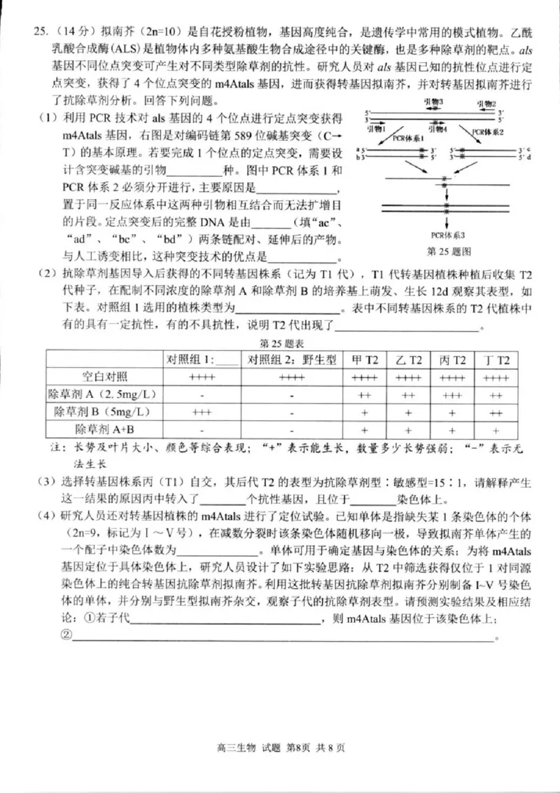 生物试卷及答案_2024-2025高三（6-6月题库）_2024年08月试卷_0831浙江省七彩阳光联盟2025届高三返校考试